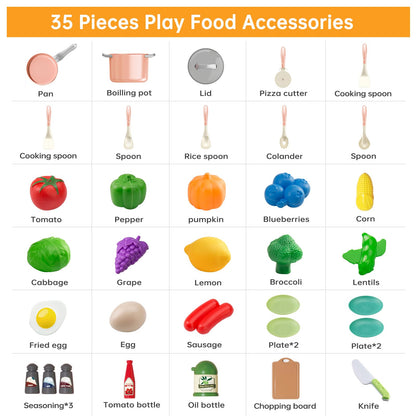 35Pcs Kids Kitchen Toy Accessories, Toddler Pretend Cooking Playset with Play Pots, Pans, Utensils