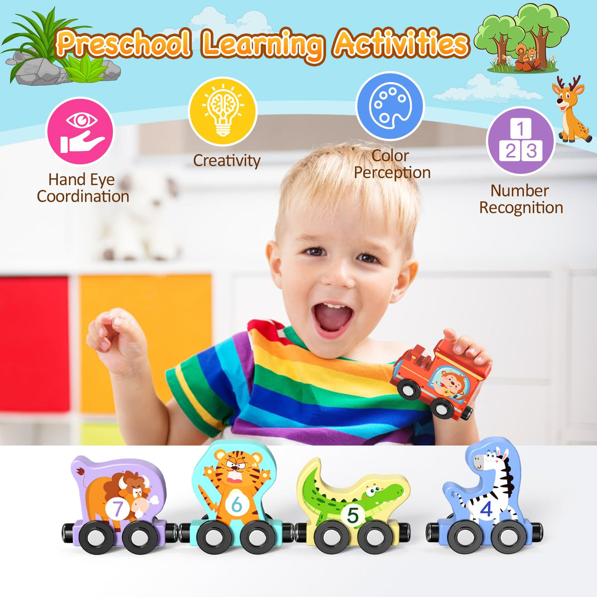 Zeoddler Toys for Toddlers, 11 Magnetic Wooden Animals Train Set, Montessori Toys for Toddlers