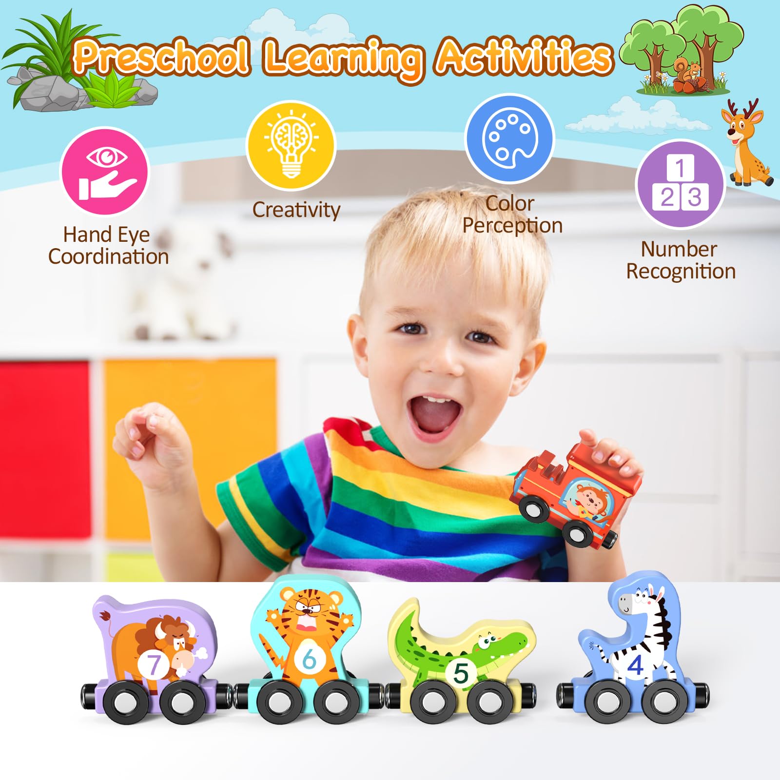 Zeoddler Toys for Toddlers, 11 Magnetic Wooden Animals Train Set, Montessori Toys for Toddlers