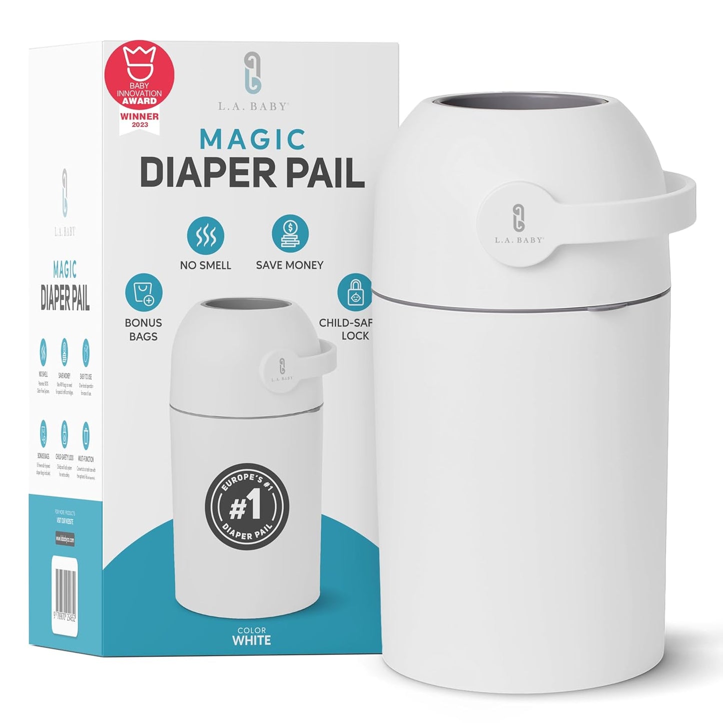 L.A. Baby Magic Diaper Pail - Patented 100% Odor-Free System with Child-Safe Lock - Award-Winning