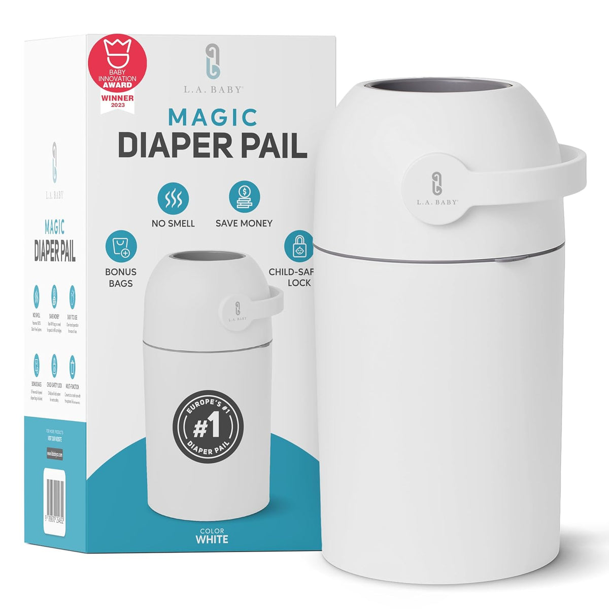L.A. Baby Magic Diaper Pail - Patented 100% Odor-Free System with Child-Safe Lock - Award-Winning