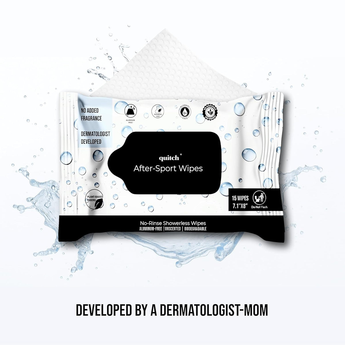 Quitch After-Sport Wipe Unscented Shower-Free Cloth for Kids & Baby, Rinse-Free Body-Wipe