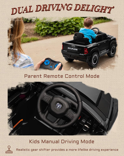 12V Licensed Ram 1500 Ride on Toy for Kids, Toddler Ride on Pickup Truck with Parent Remote