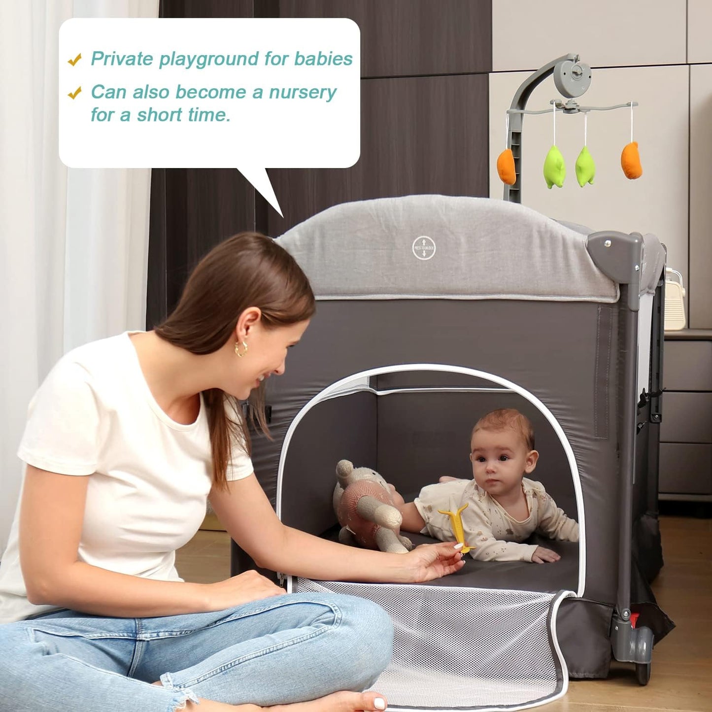 Zdolmy Baby Bedside Sleeper Bassinet, 4-in-1 Pack and Play with Bassinet w/Diaper Changing Table &