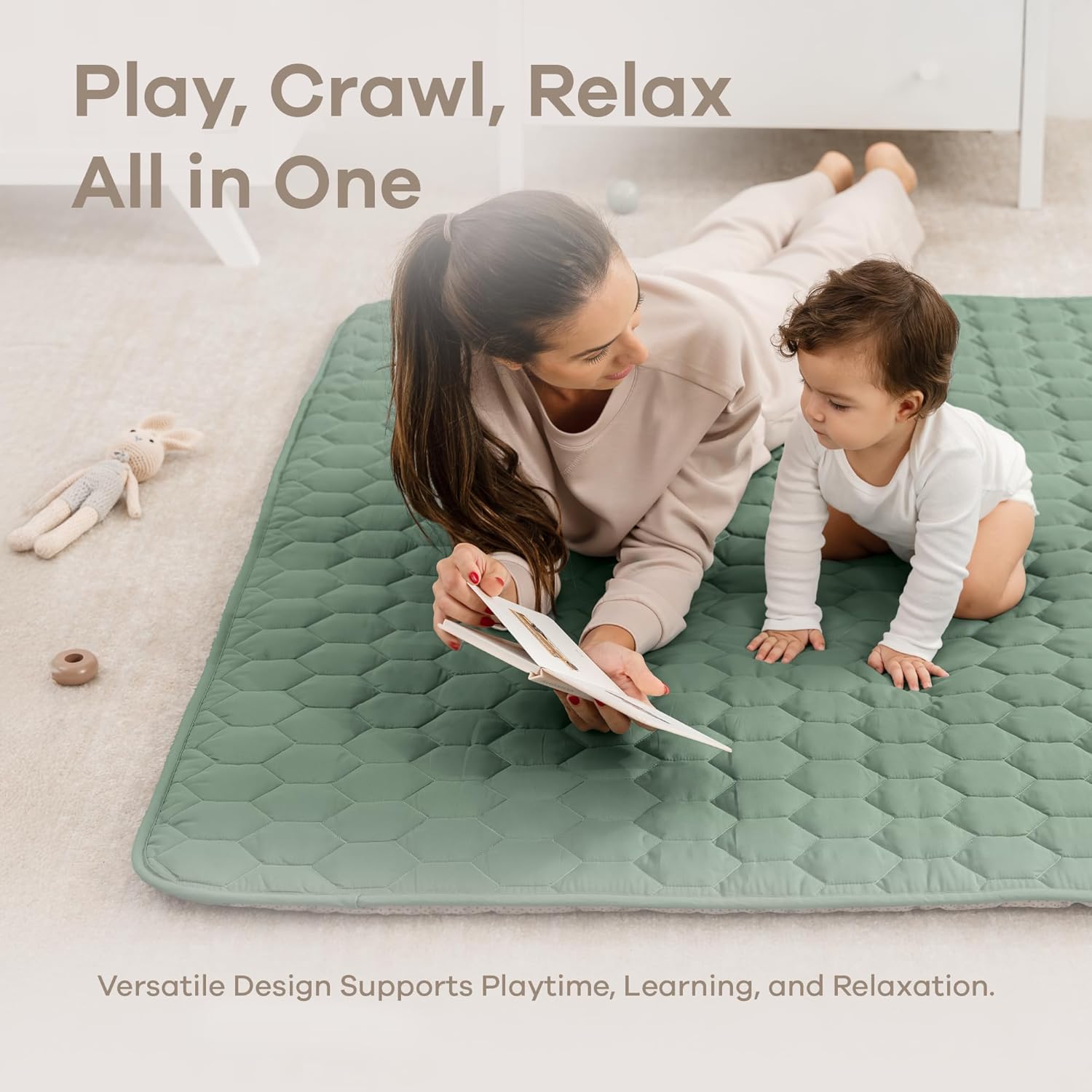 Comfy Cubs Square Kids Play Mat - 56 x 56 inches Soft Quilted Baby Floor Mat with Non-Slip Bottom