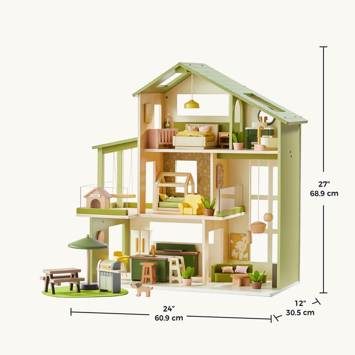 Tiny Land Wooden Doll House, Modern Family Dollhouse with Realistic Design