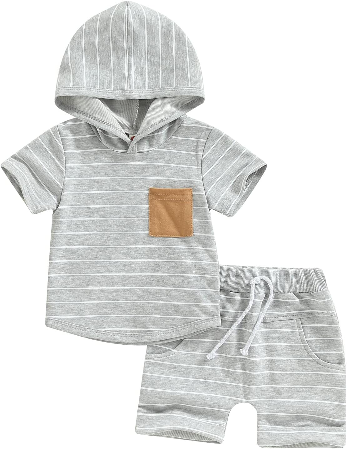 Toddler Baby Boy Summer Hooded Outfit Contrast Color Short Sleeve T Shirt Top Elastic Shorts Summer