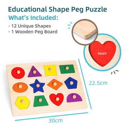 Wooden Shape Peg Puzzle Board, Educational Geometric Learning Board with Knobs, Multicolor Basic