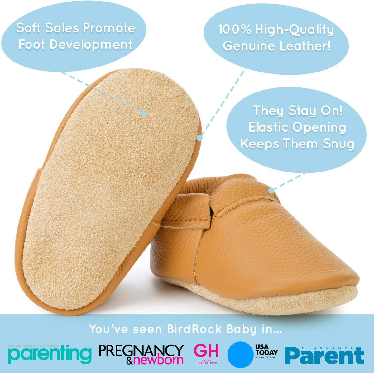 BirdRock Baby Fringeless Moccasins - Genuine Leather Boys and Girls Shoes for Newborns, Infants