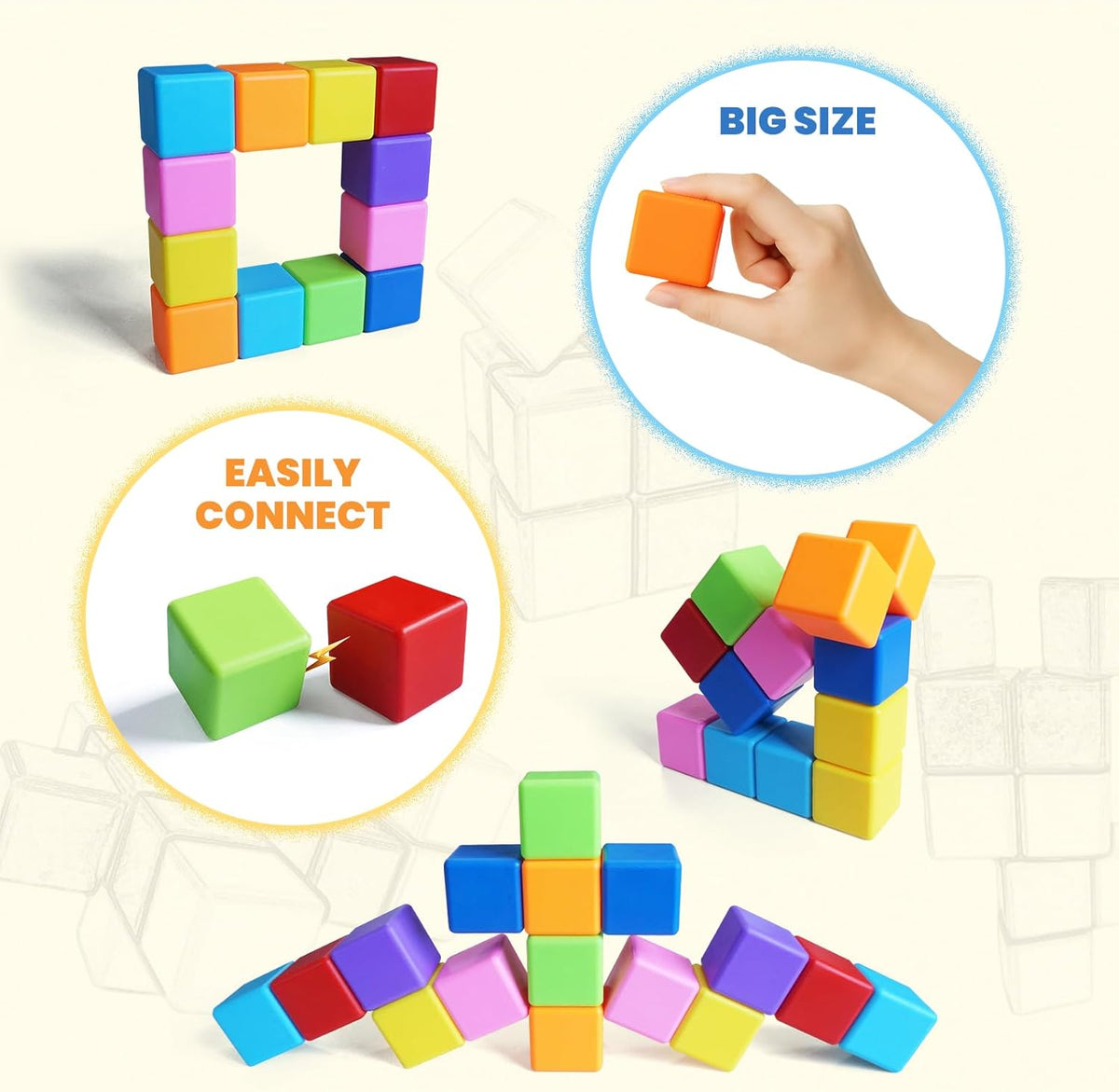 Large Magnetic Building Blocks in 8 Colors, 1.65 Inch Magnet Cubes for Sensory Education, STEM