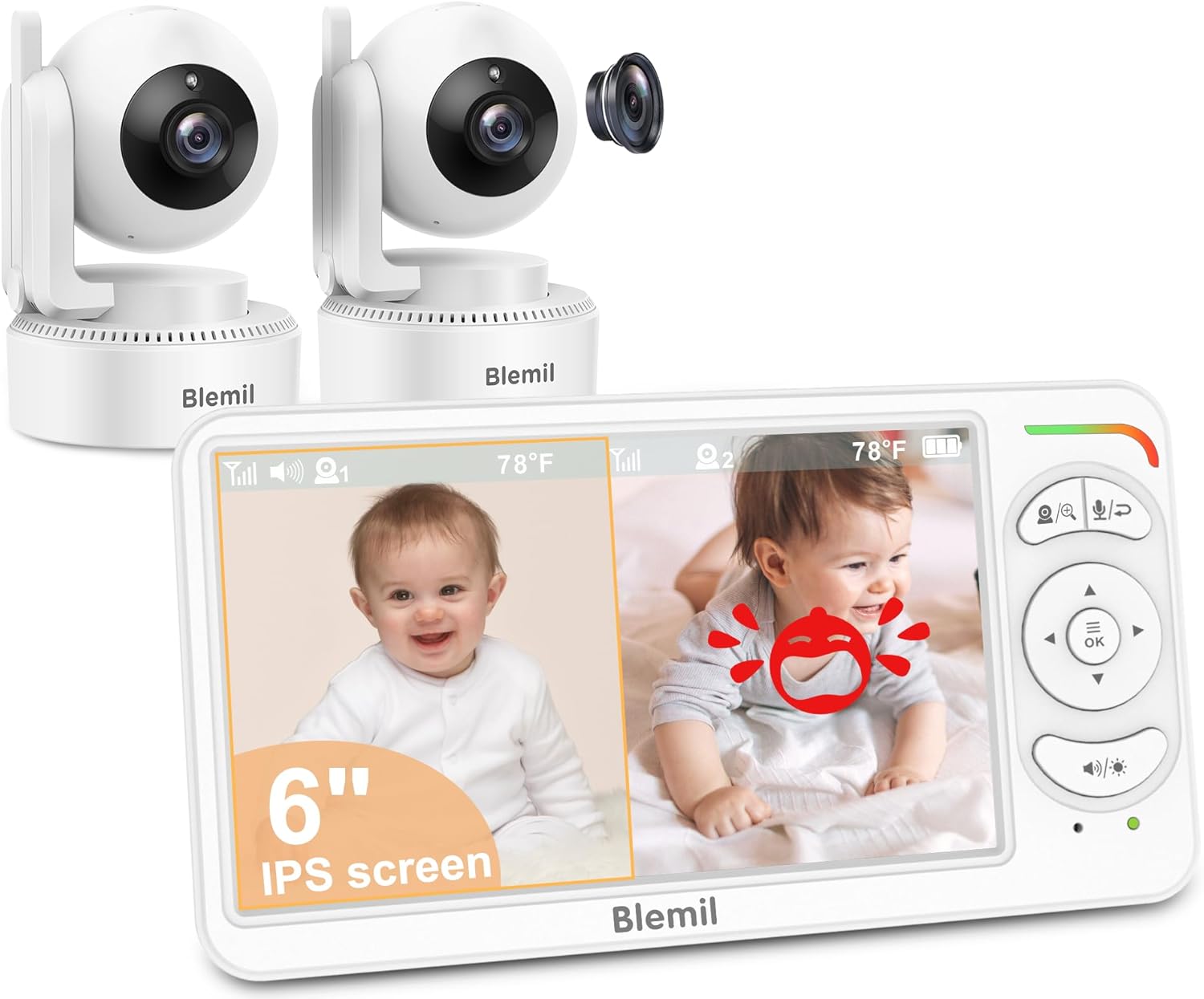 6" Baby Monitor with 2 Cameras 4000mAh Battery Upgrade Split Screen Video Baby Monitor No WiFi