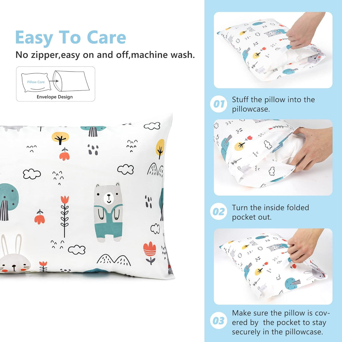 TILLYOU Toddler Pillowcase 2 Pack with Envelope Closure,Silky Soft Microfiber 13" x 18" Kids Travel