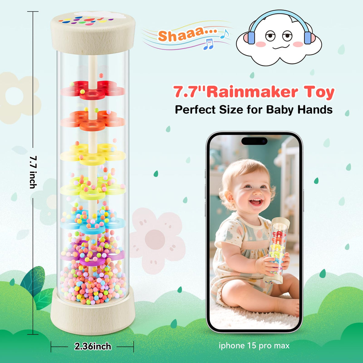 Rain Stick, Montessori Baby Toys for 6-12 Months 1 Year Old, Wooden Rainmaker Baby Rattle Sensory
