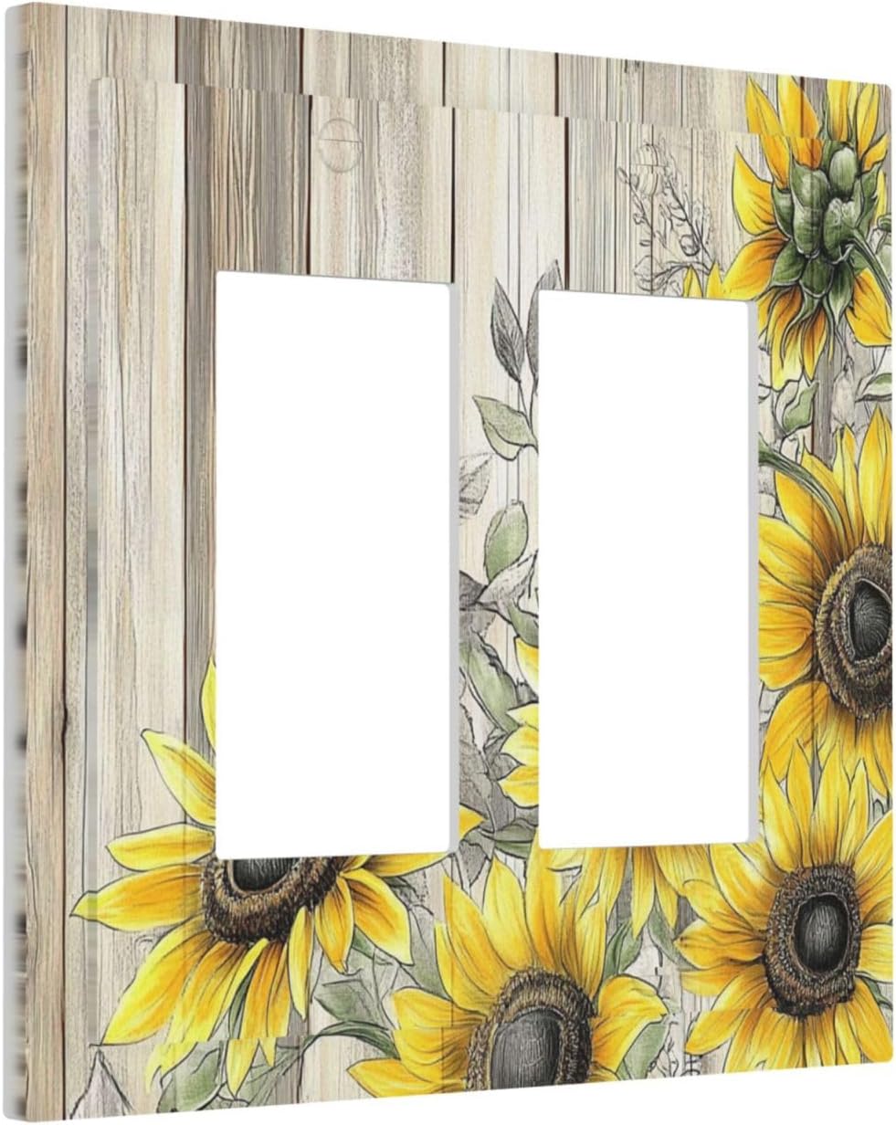 Decorative Outlet Covers Floral Sunflower Rustic Flower Vintage Wood 2 Gang Double Gfci Rocker