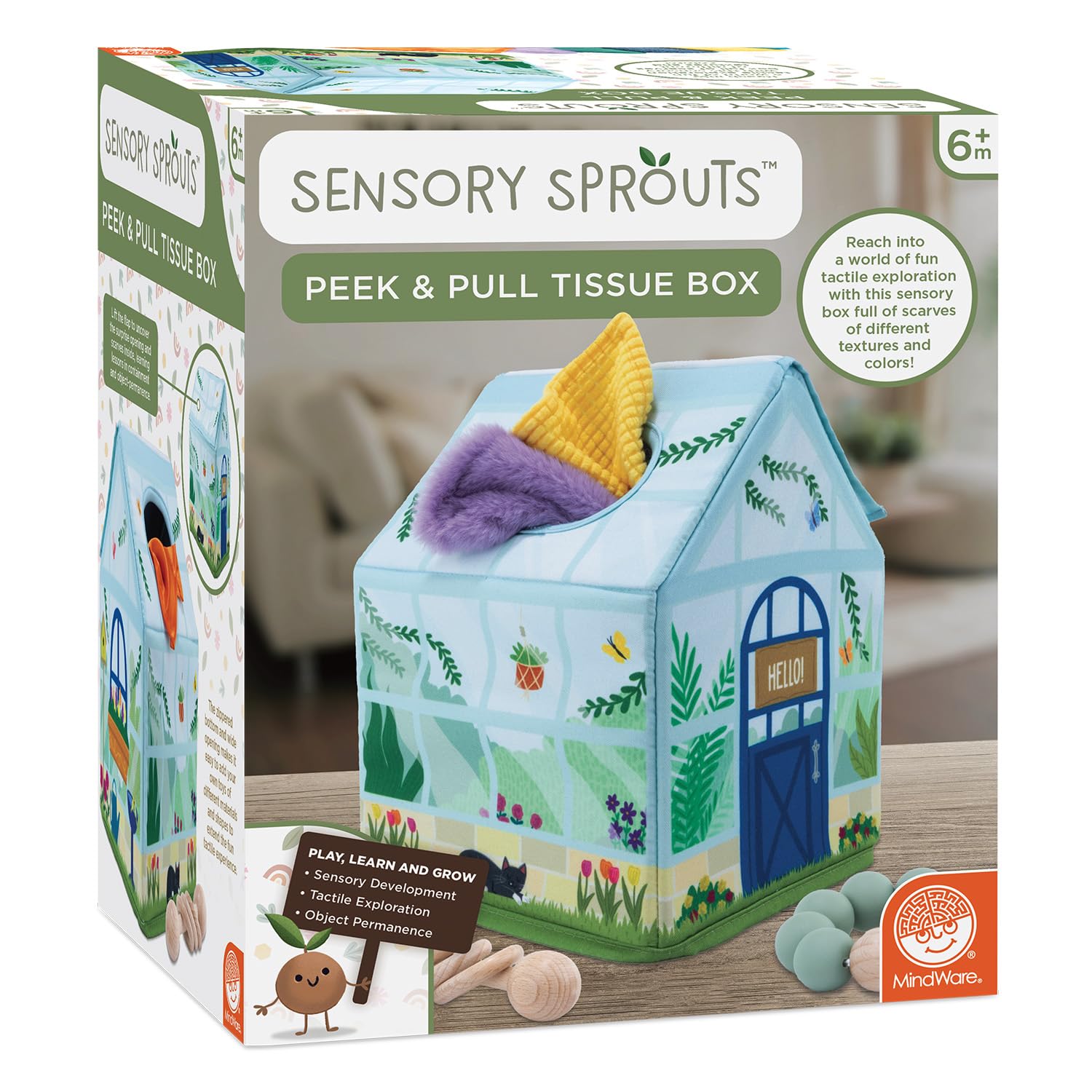 MindWare Sensory Sprouts Tissue Scarf - Montessori Toys for Babies 6-12 Months - Soft