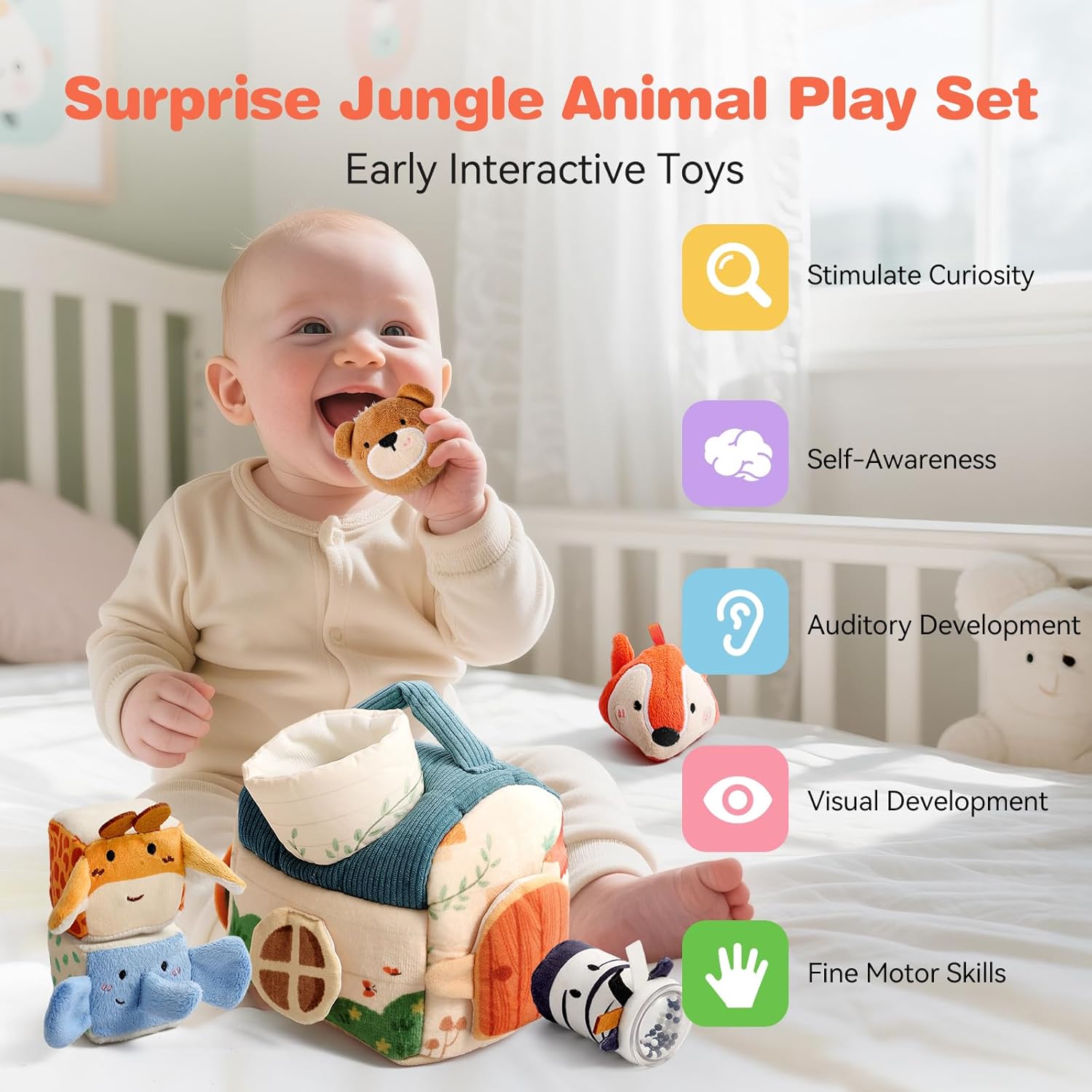 Youuys Baby Toys 6 -12 Months - Jungle Soft Stuffed Animal Set with Rattle, Crinkle Paper
