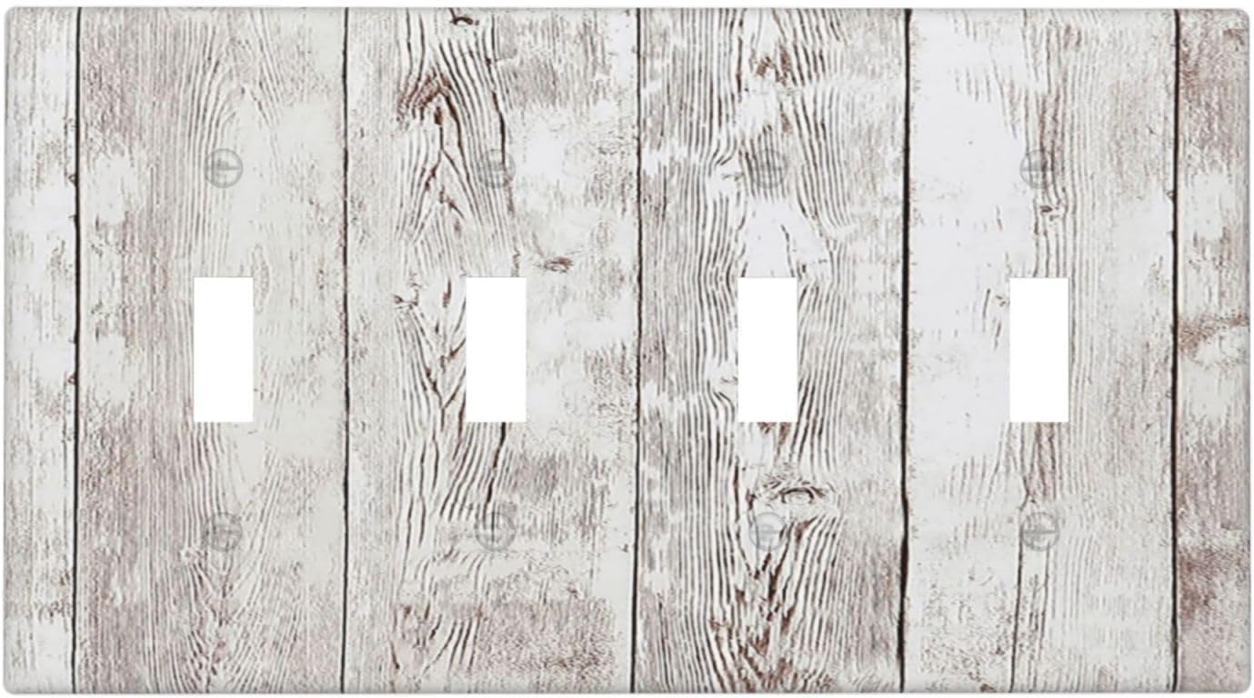 Light Switch Covers Rustic Vintage White Wood Grain Quad Toggle Electrical Faceplate 4 Gang Wall