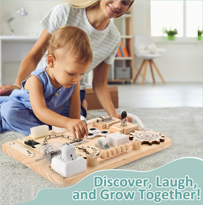 Wooden Busy Board for Toddlers - Montessori Sensory Activity Board for Fine Motor Skills and Early