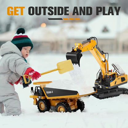 Remote Control Excavator Construction Toys for Boys, 2×1200mAh RC Construction Truck with Metal