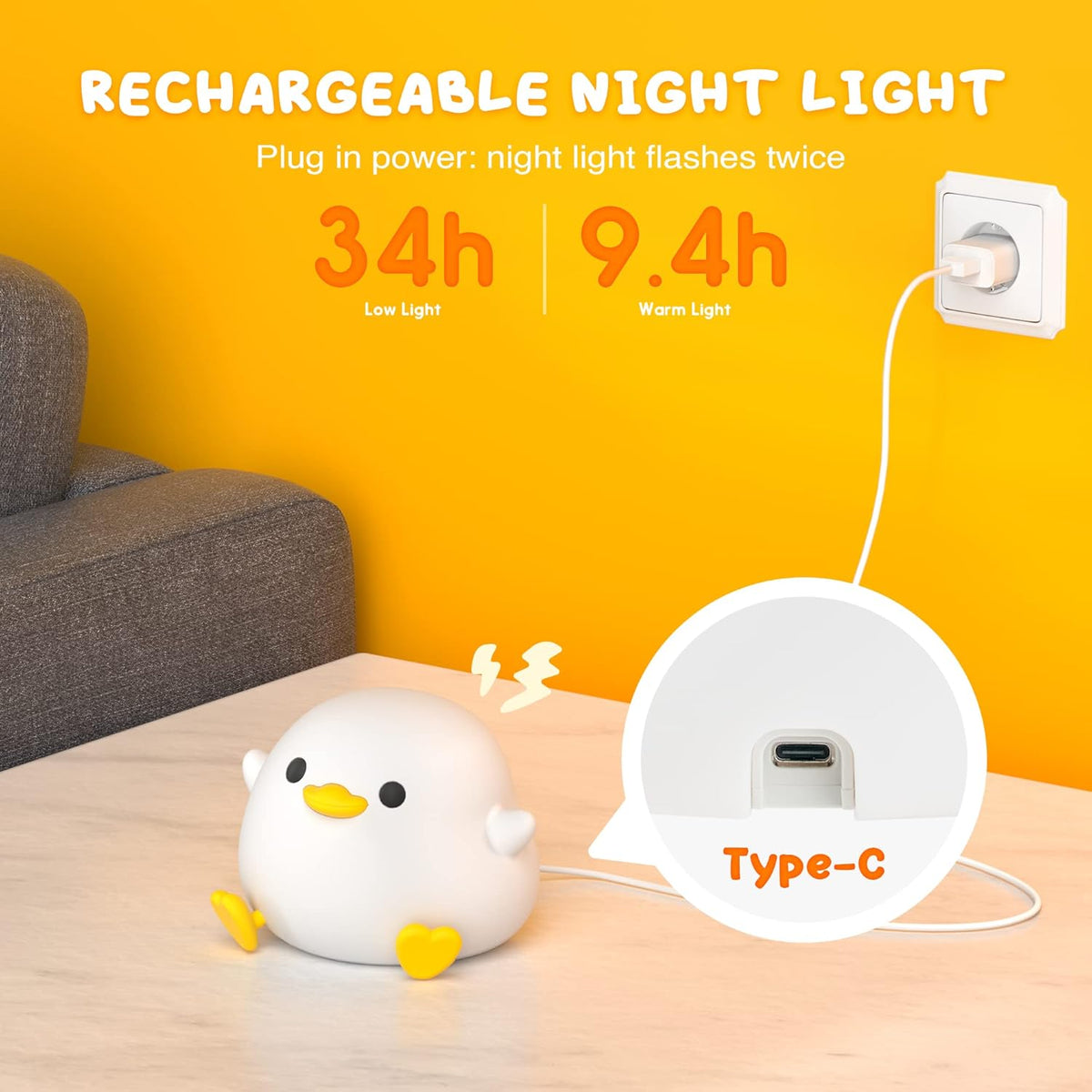 UNEEDE LED Cute Bean Duck Night Light, DoDo Duck Silicone Nursery Night Light Rechargeable Table