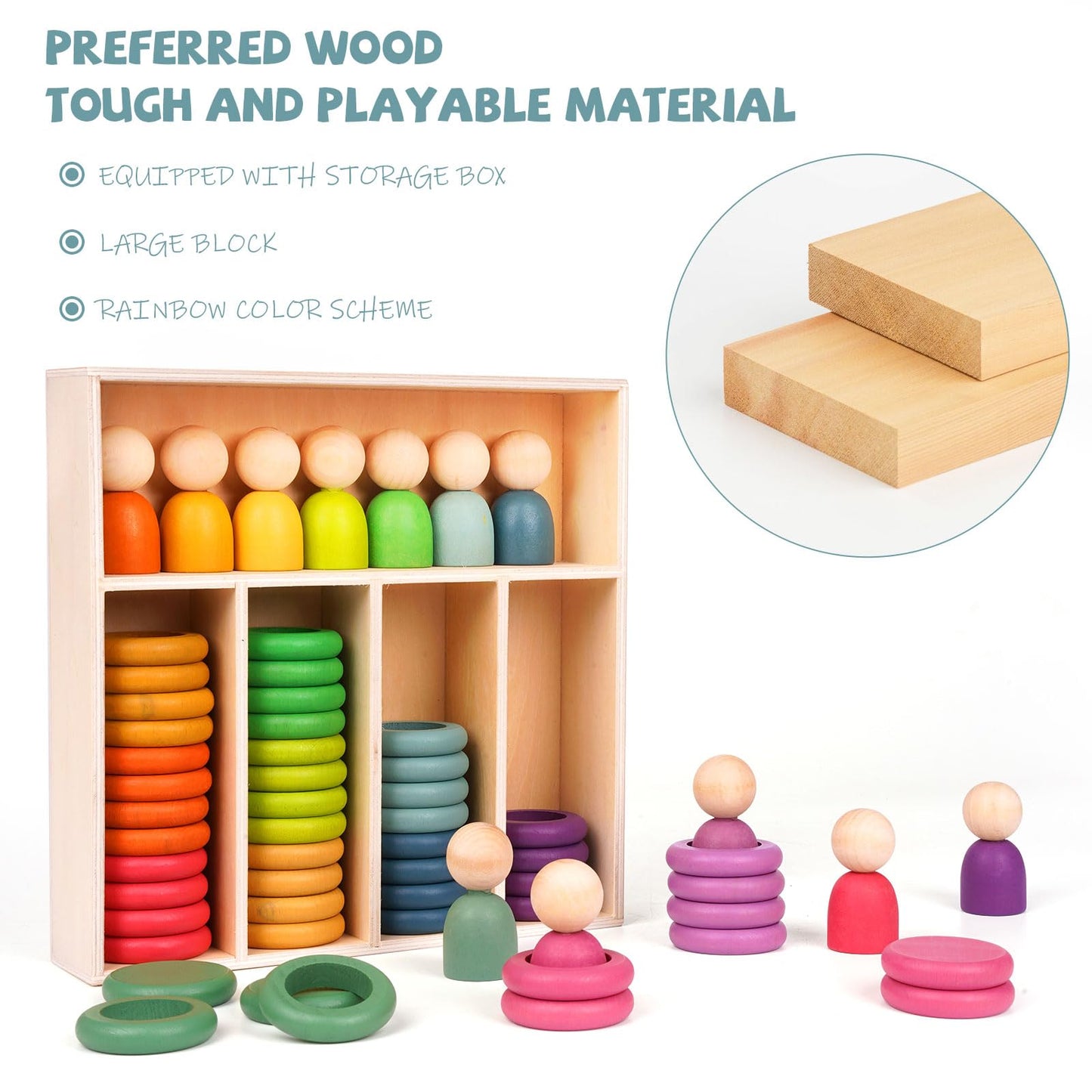 Montessori Toys Wooden Color Sorting Stacking Rings Toy Rainbow Wooden Peg Dolls Counting Toys