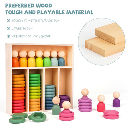 Montessori Toys Wooden Color Sorting Stacking Rings Toy Rainbow Wooden Peg Dolls Counting Toys