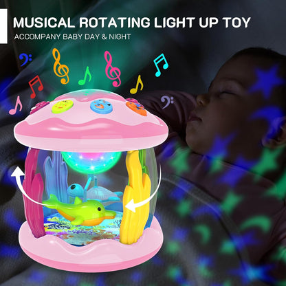 Baby Toys 6-12 Months - Musical Light Up Rotating Toys, Pink Ocean Projector for Infant 9-12-18