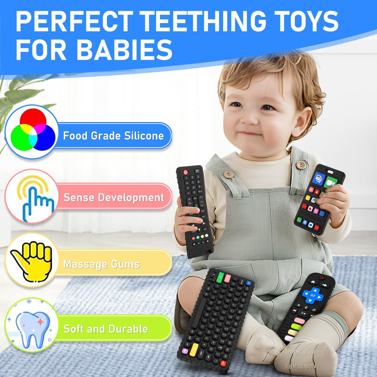 Teething Toy for Baby 3 6 12 18 Months, Realistic Remote Control and Mobile Phone Baby Teether Toy