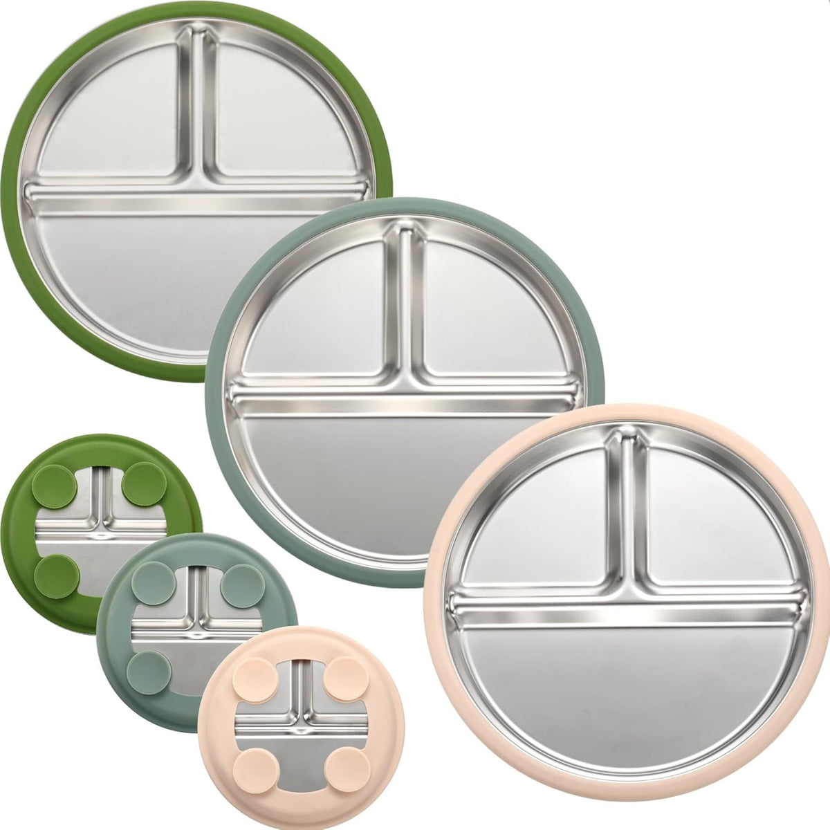 3Pack Sainless Steel Kids Plates with Suction, 8.1” Divided Toddler Baby Plates with Removable