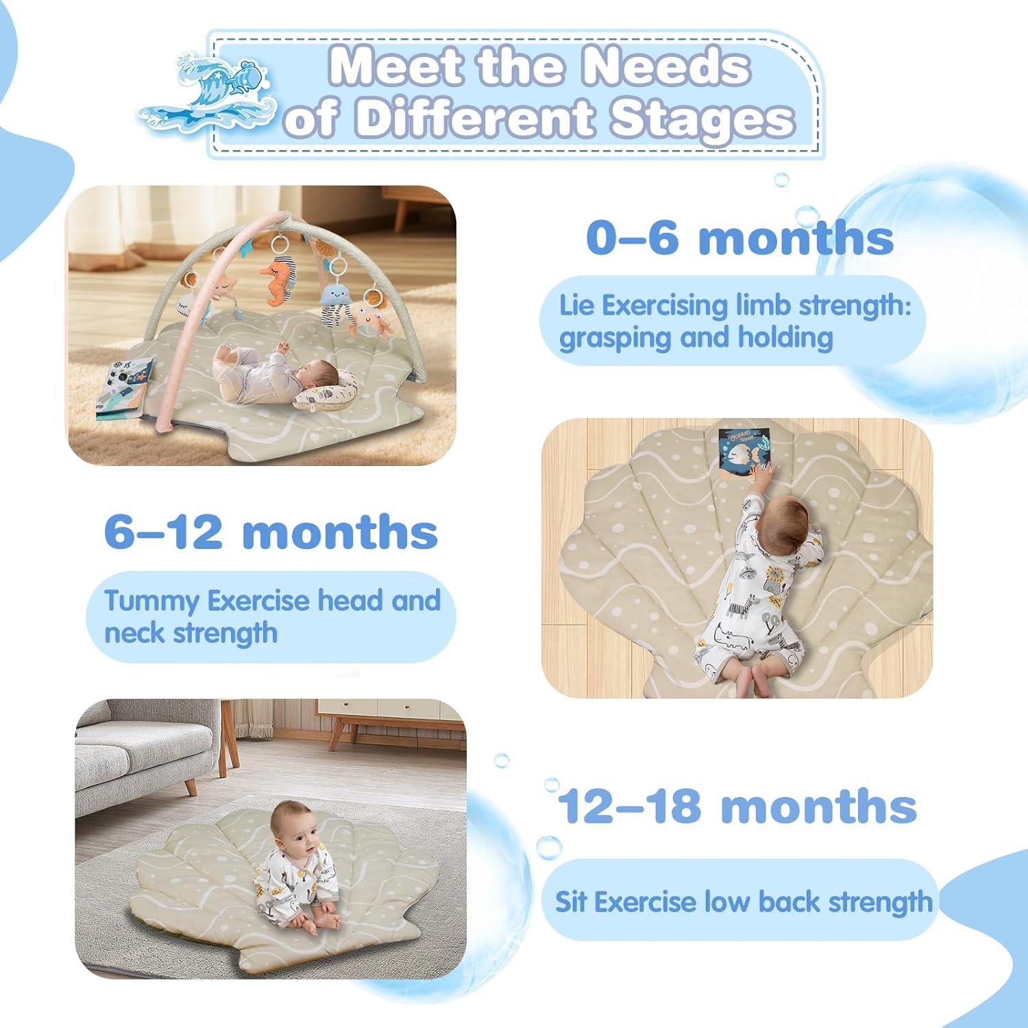 Baby Play Mat, Oversize Shell Tummy Time Mat with 6 Detachable Baby Activity Toys, Baby Gyms &