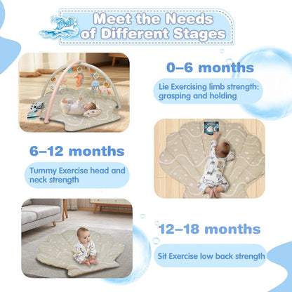 Baby Play Mat, Oversize Shell Tummy Time Mat with 6 Detachable Baby Activity Toys, Baby Gyms &