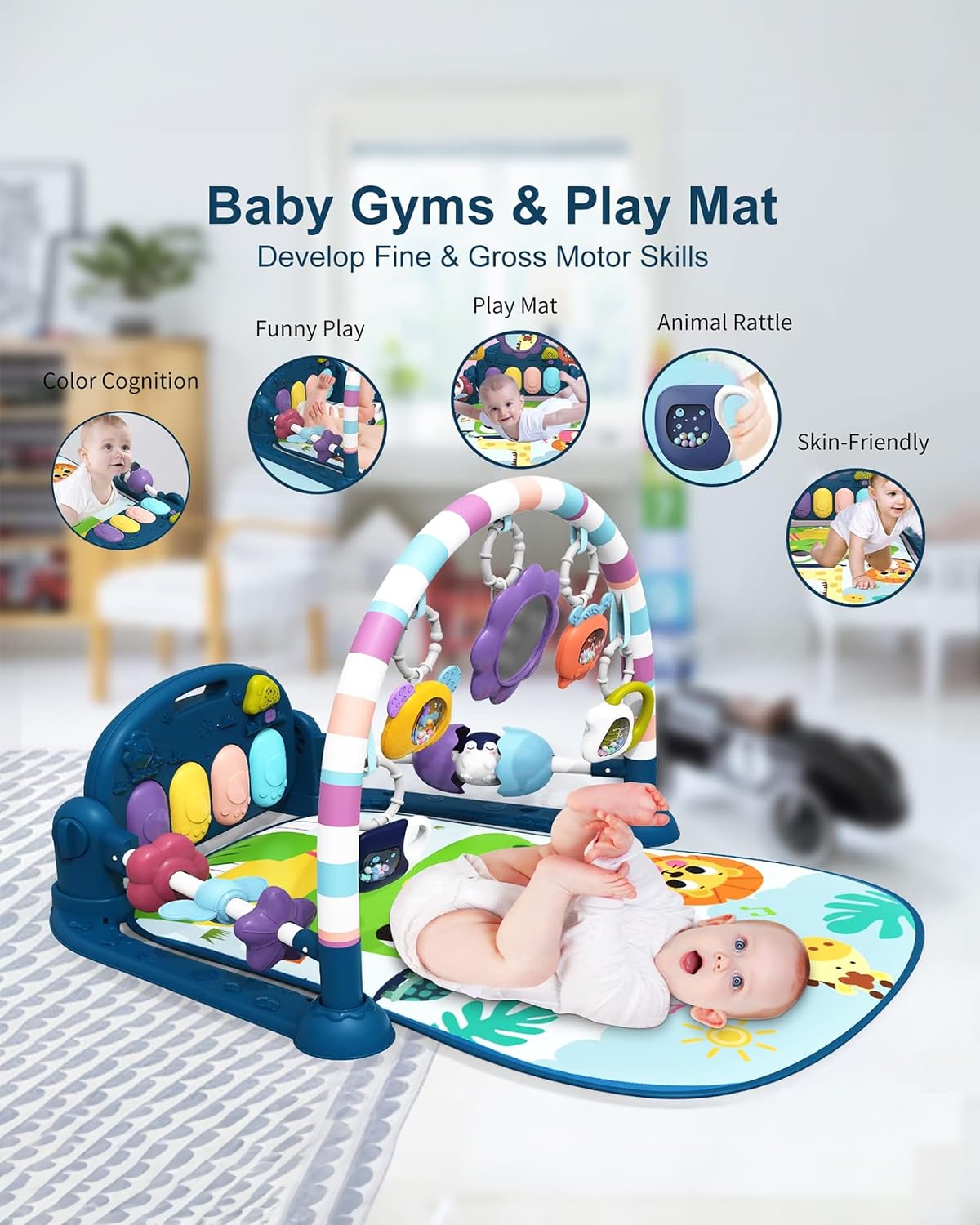 dearlomum Baby Play Mat Gym,Funny Play Piano Tummy Time Activity Mat with 5 Infant Sensory Toys & 4