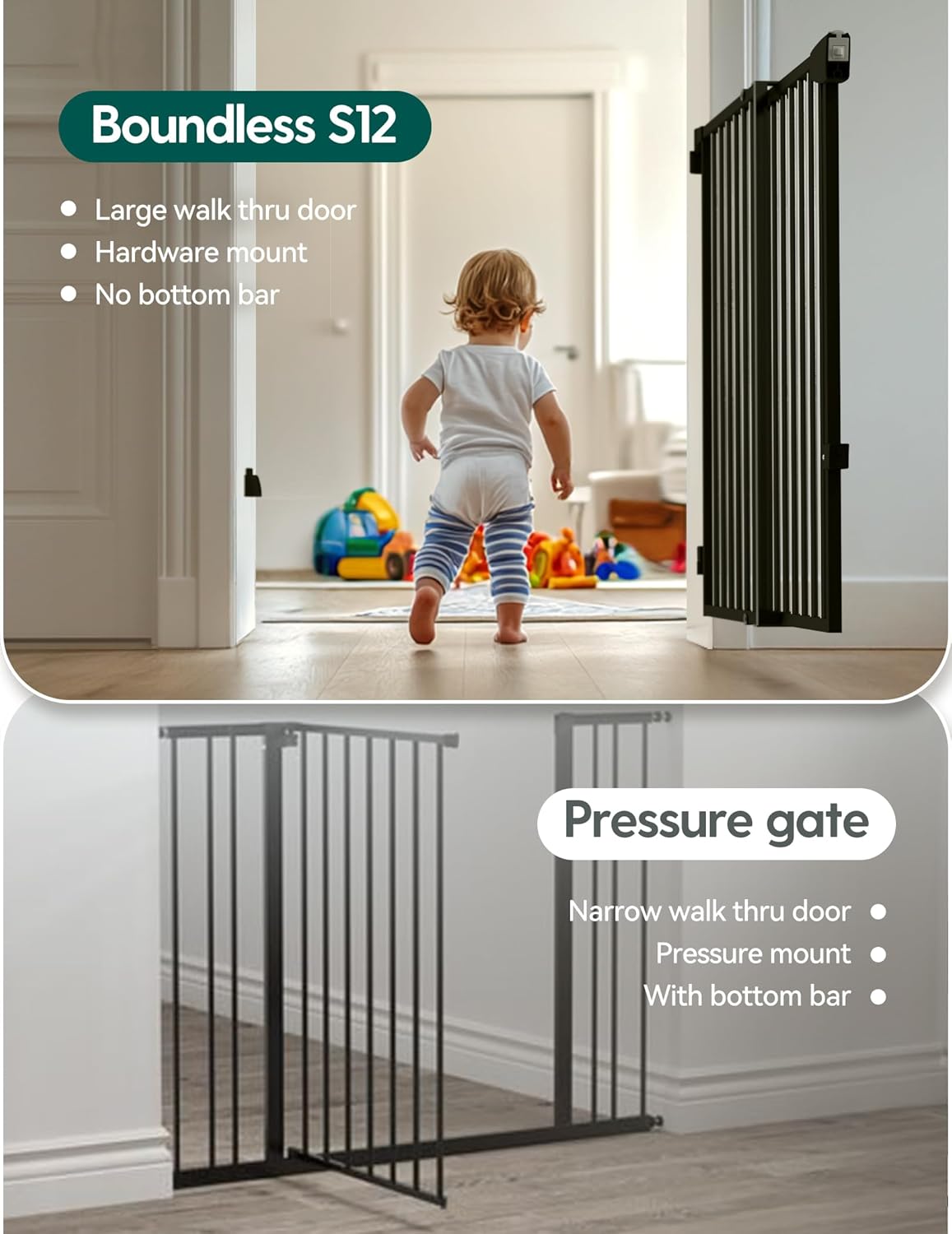 Babelio 29.7-46.5" No Bottom Bar Baby/Dog Gate for Stairs, House and Doorways, Auto Close Safety