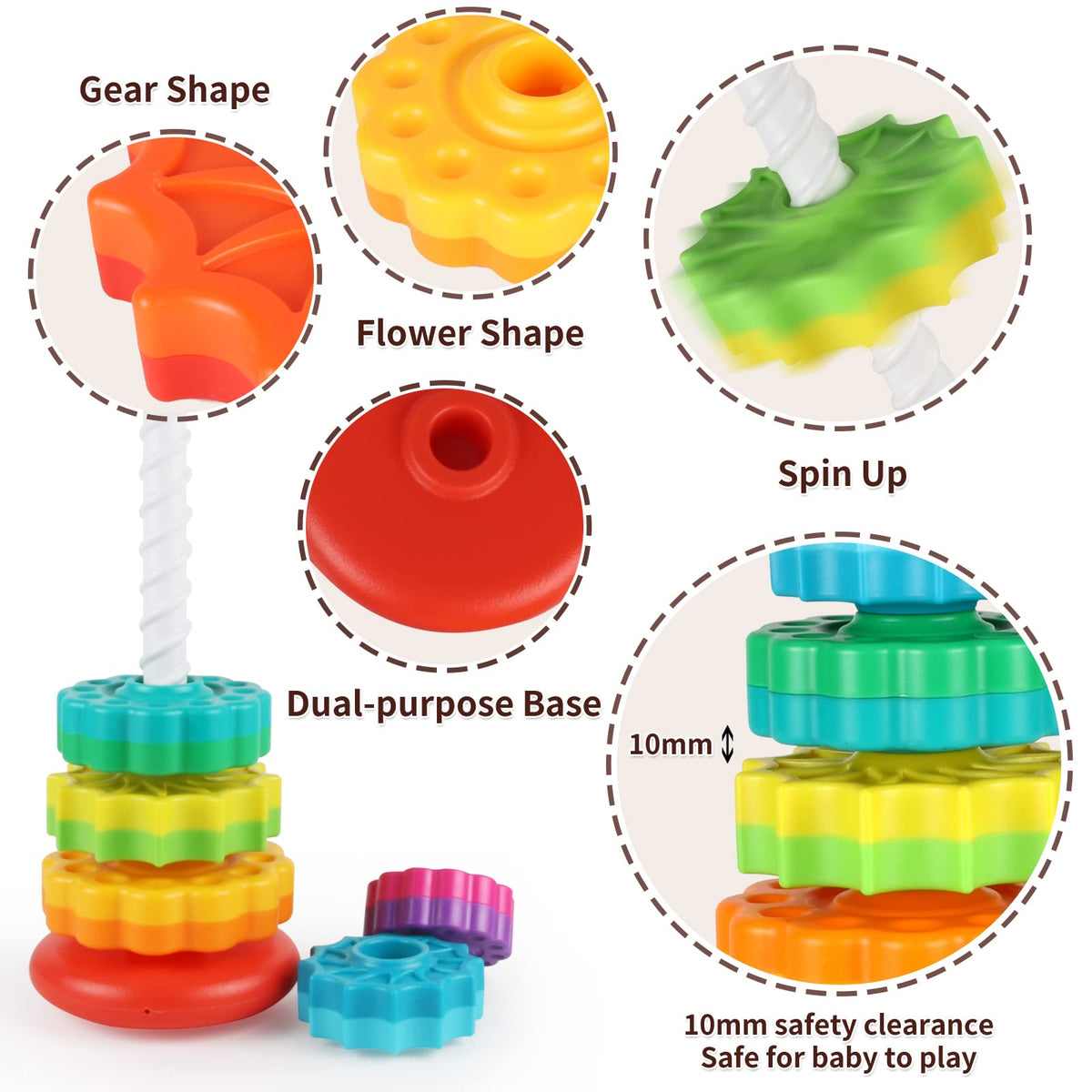 JUXUE Baby Spinning Stacking Toys for Toddlers 1-3, Rainbow Ring Stacker Montessori Toys for Babies