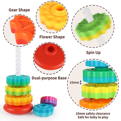 JUXUE Baby Spinning Stacking Toys for Toddlers 1-3, Rainbow Ring Stacker Montessori Toys for Babies