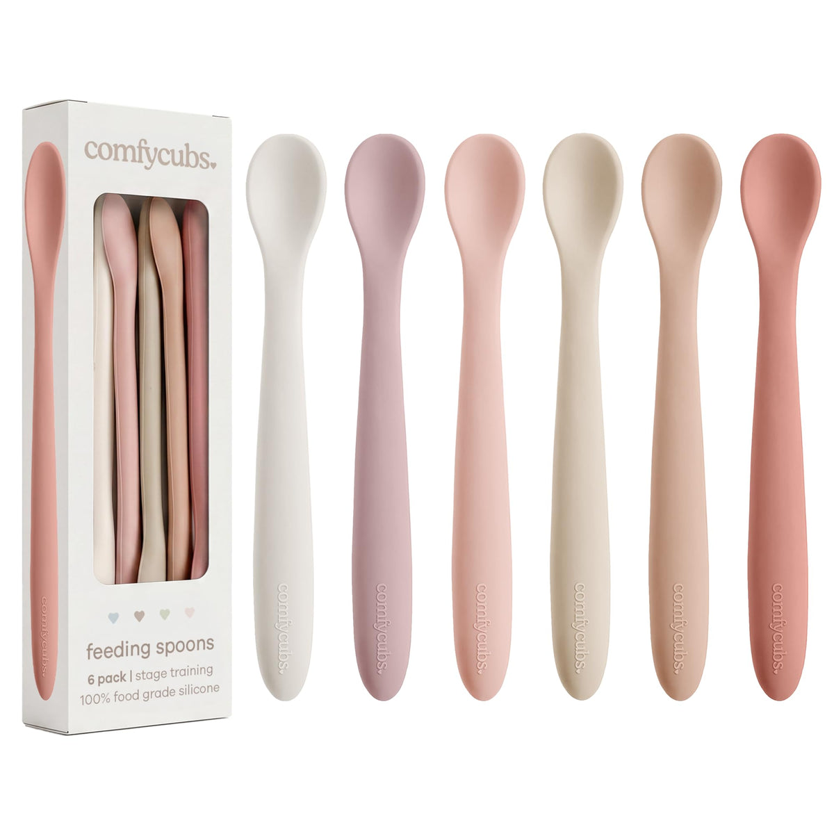 Comfy Cubs Silicone Baby Spoons Set 6-Pack, Blush 6.46 x 0.95 in – BPA Free, Soft Gum-Safe Toddler