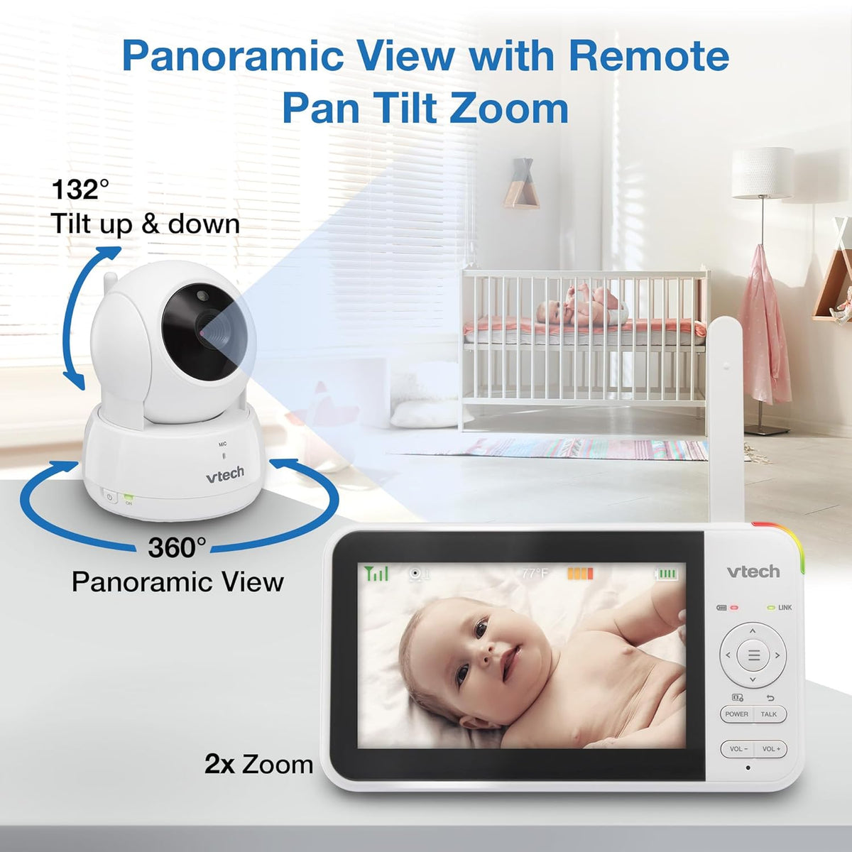 VTech VM924-2 Remote Pan-Tilt-Zoom Baby Monitor with 2 Cameras & Audio,5" LCD Screen,Up to 17Hrs
