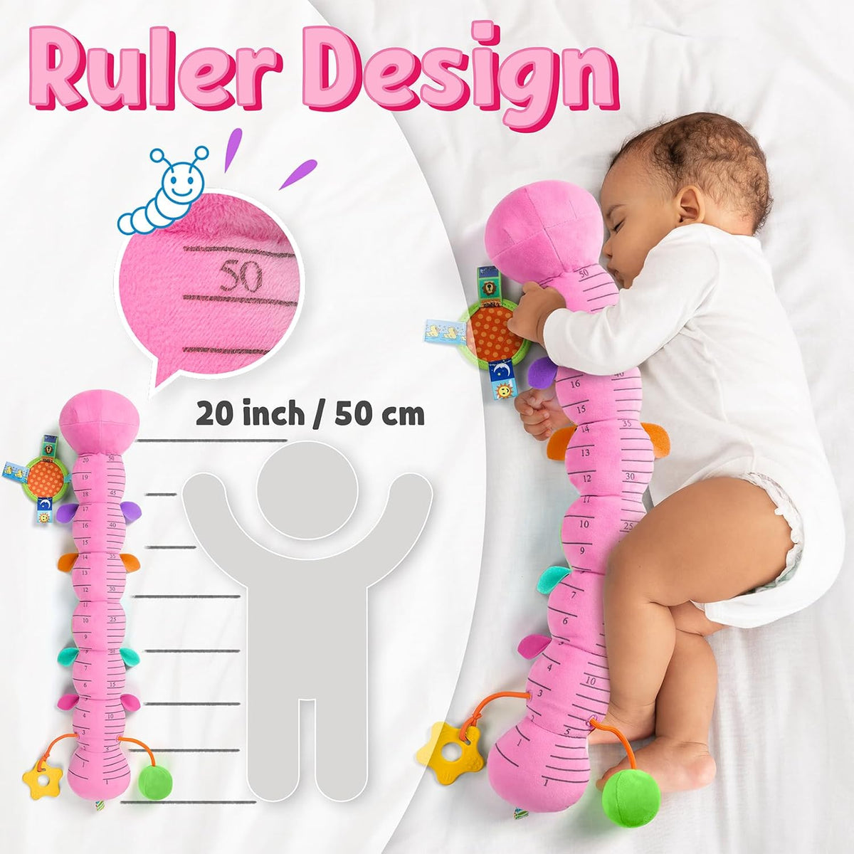 LIGHTDESIRE Baby Toys Musical Caterpillar,Infant Toys Stuffed Animals with Ruler Design,Mirror,Pull
