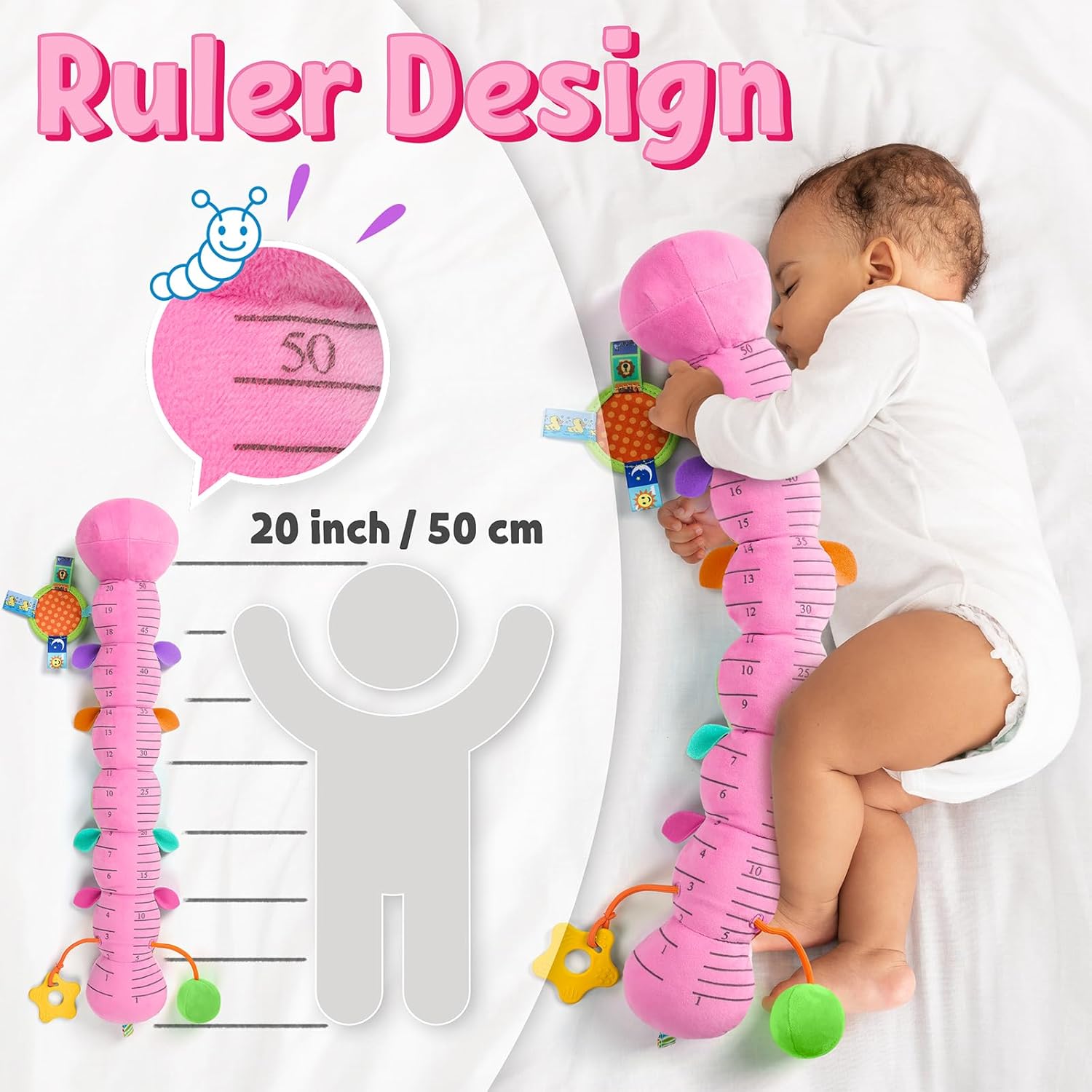 LIGHTDESIRE Baby Toys Musical Caterpillar,Infant Toys Stuffed Animals with Ruler Design,Mirror,Pull