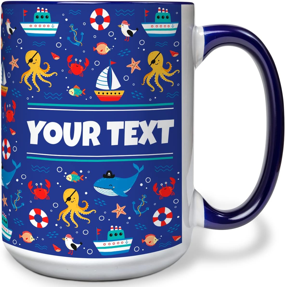Personalized Mug for Kids - Nautical - Custom Name/Text, Ceramic Hot Chocolate/Cocoa/Coffee Cup for