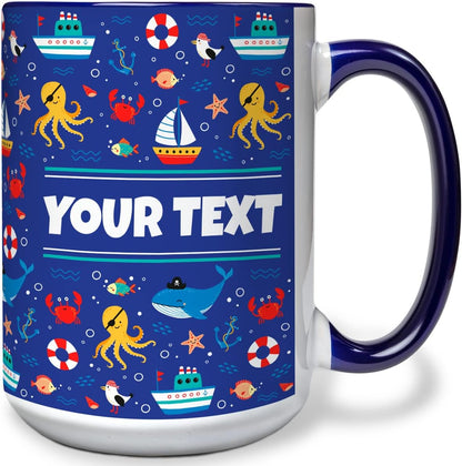 Personalized Mug for Kids - Nautical - Custom Name/Text, Ceramic Hot Chocolate/Cocoa/Coffee Cup for
