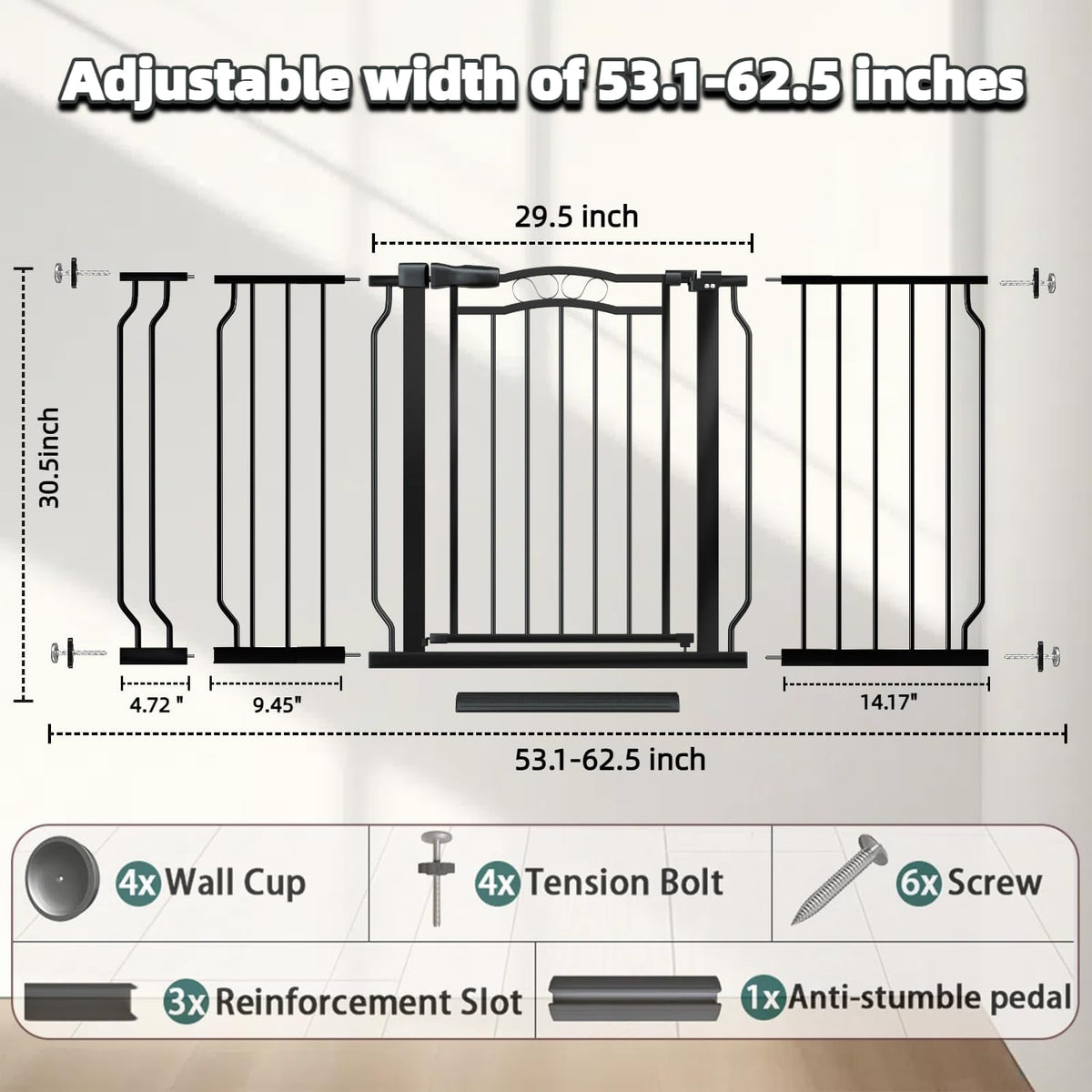 53.1-62.5 Inch Extra Wide Baby Gate, Pressure Mounted Dog Gate Indoor, Walk Thru Pet Gate for Cat