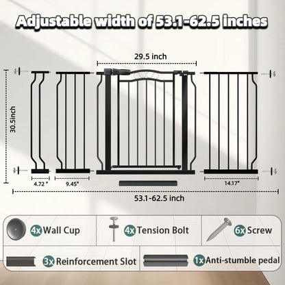 53.1-62.5 Inch Extra Wide Baby Gate, Pressure Mounted Dog Gate Indoor, Walk Thru Pet Gate for Cat