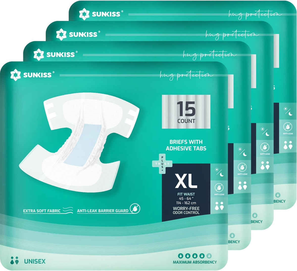 SUNKISS TrustPlus Adult Diapers with Maximum Absorbency, Unisex Disposable Incontinence Briefs with