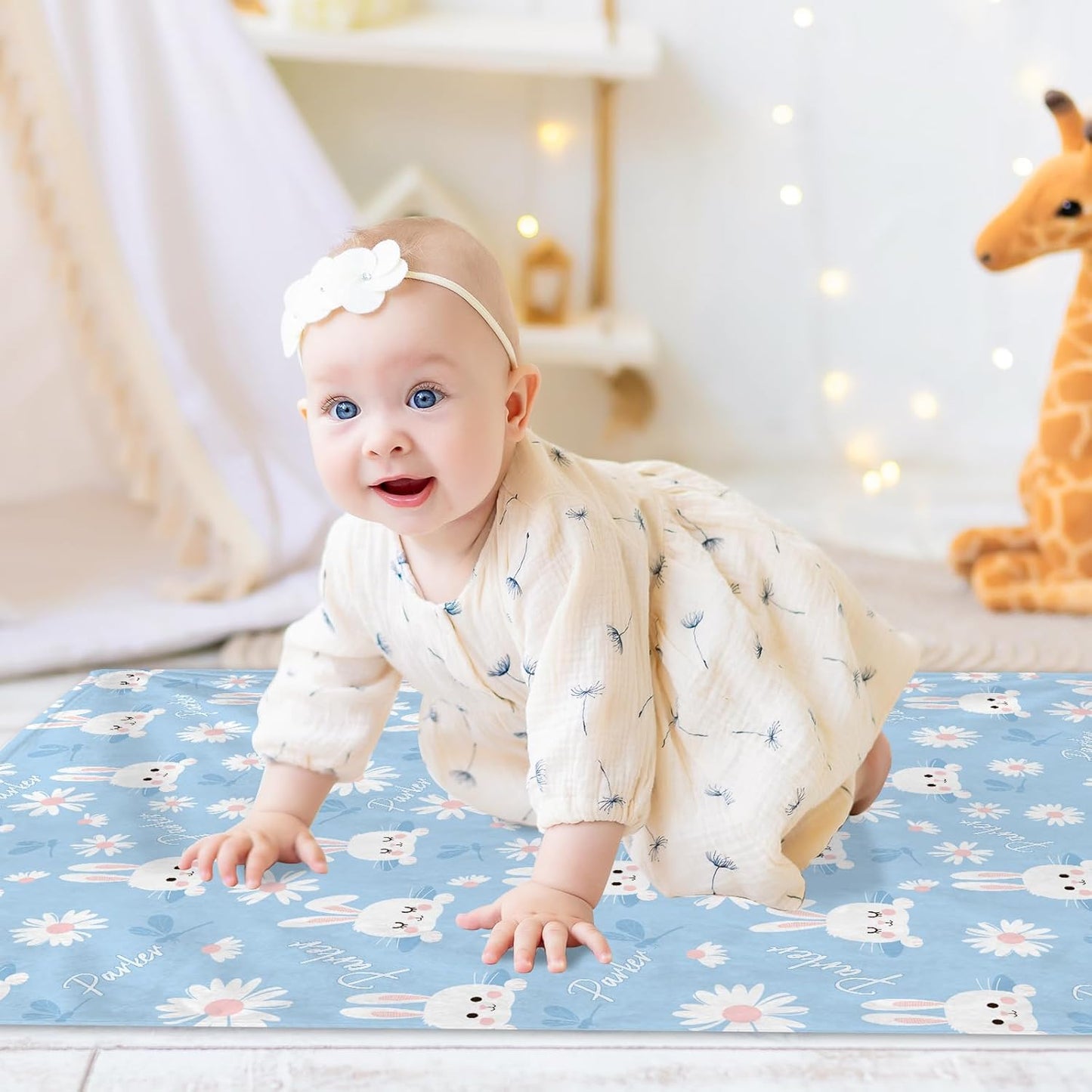 Personalized Baby Blanket with Name, Custom Floral Name Cute Rabbit Blanket Toddler Girls Soft