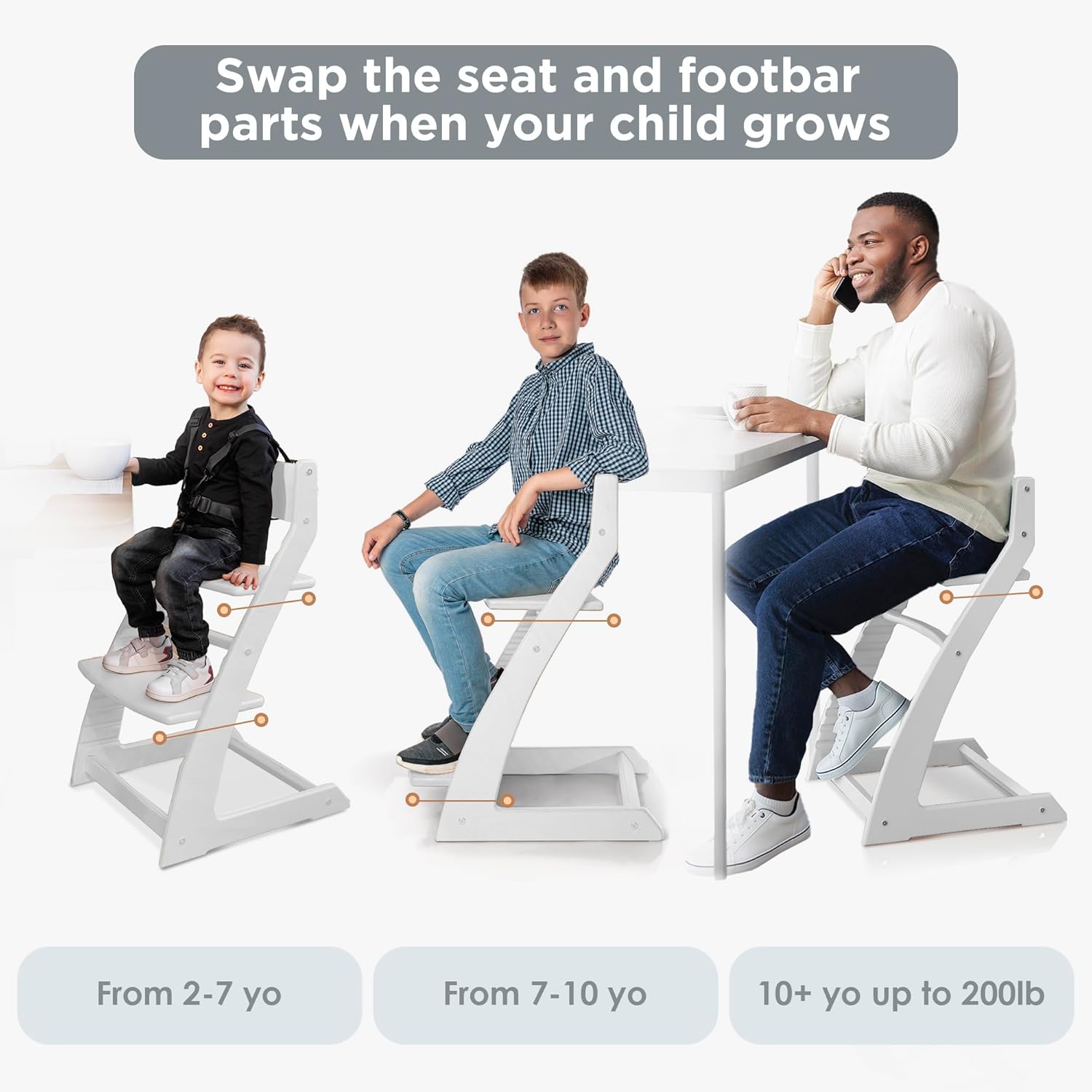 FORNEL Modern White Wooden High Chair | The Forever Chair That Grows from Toddler to Adult (200 lb)