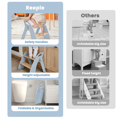 Reeple Wooden 2 Step Stool for Toddlers, Foldable 2-Step with Non-Slip Pads and Handles, Bamboo