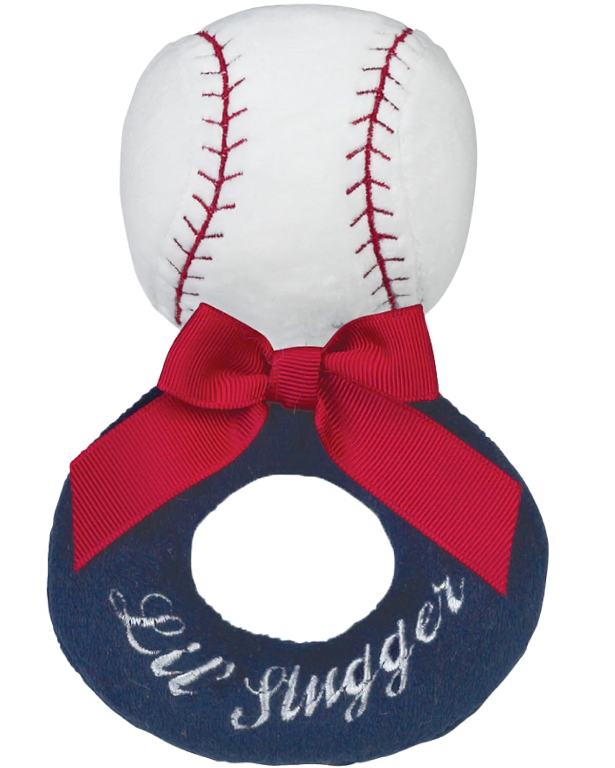 Bearington Baby Lil’ Slugger, 5.5 Inch Red, White and Blue Plush Stuffed Baby Baseball Soft Ring