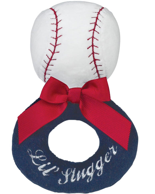 Bearington Baby Lil’ Slugger, 5.5 Inch Red, White and Blue Plush Stuffed Baby Baseball Soft Ring