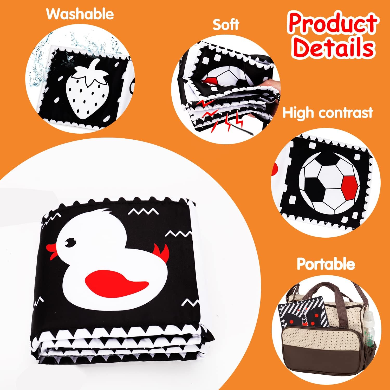 Thremhoo Black and White High Contrast Baby Toys 0-6 Months Soft Book for Brain Development, Tummy